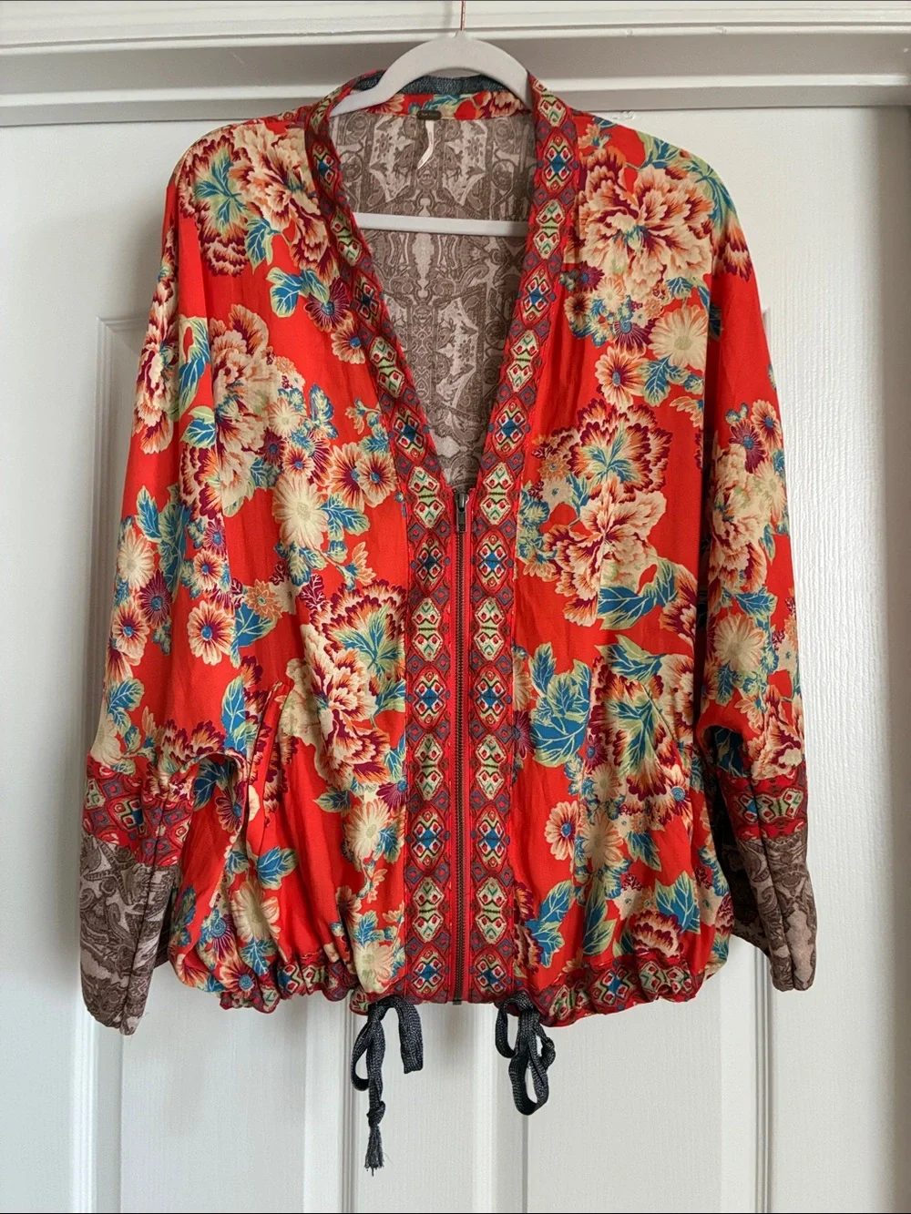 Free People Wildflower Zip Front Kimono Jacket Floral Boho Red Orange Festival